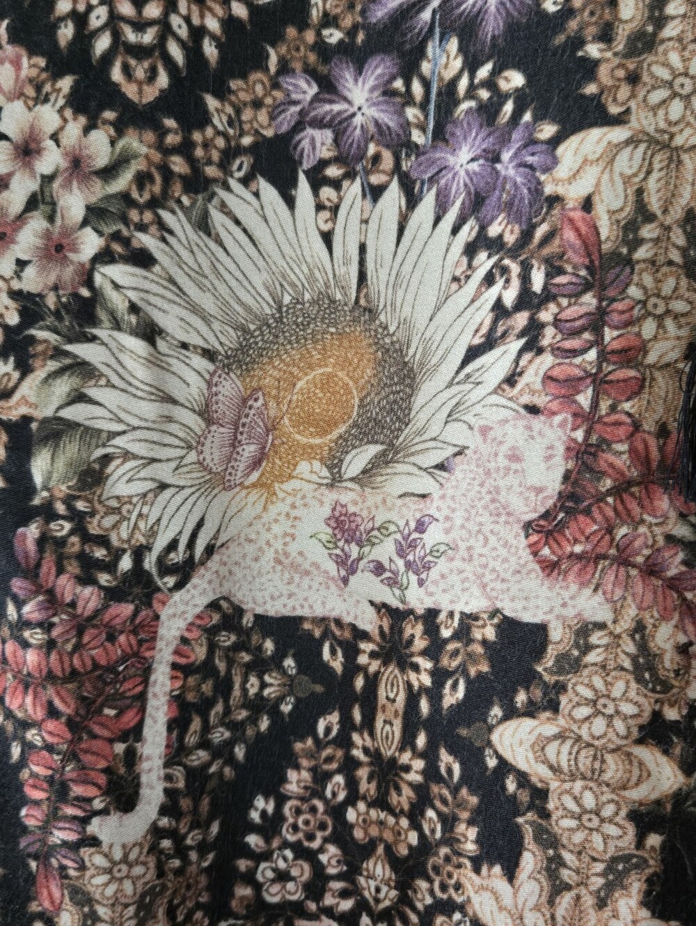 Cream | Floral Boho High-Low Tunic Blouse with Tassels, Size 38 - Picture 10 of 10